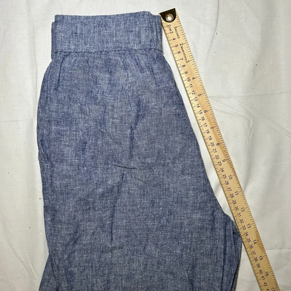 Zara Womens XS‎  Linen crop elastic waist pants Blue Chambray Pull On